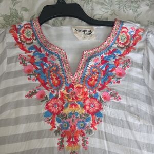 Savanna Jane Colorful Embroidered Blouse - Gray and Multicolor